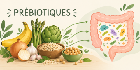 Illustration des prébiotiques et des aliments qui nourrissent le microbiote intestinal : banane, asperges, artichaut, oignon, ail, flocons d’avoine et pois chiches.