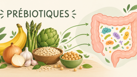 Illustration des prébiotiques et des aliments qui nourrissent le microbiote intestinal : banane, asperges, artichaut, oignon, ail, flocons d’avoine et pois chiches.